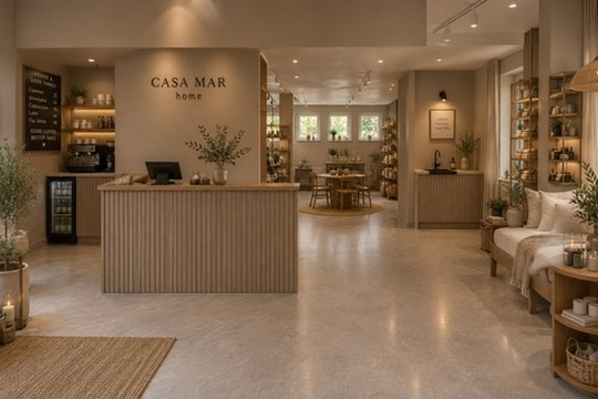 Casa Mar butik och kafé med ribbad disk, espressomaskin och sittplats med bänk och kuddar