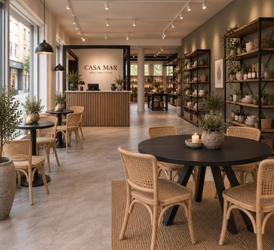 Cafédel med korgstolar och svart bord hos Casa Mar