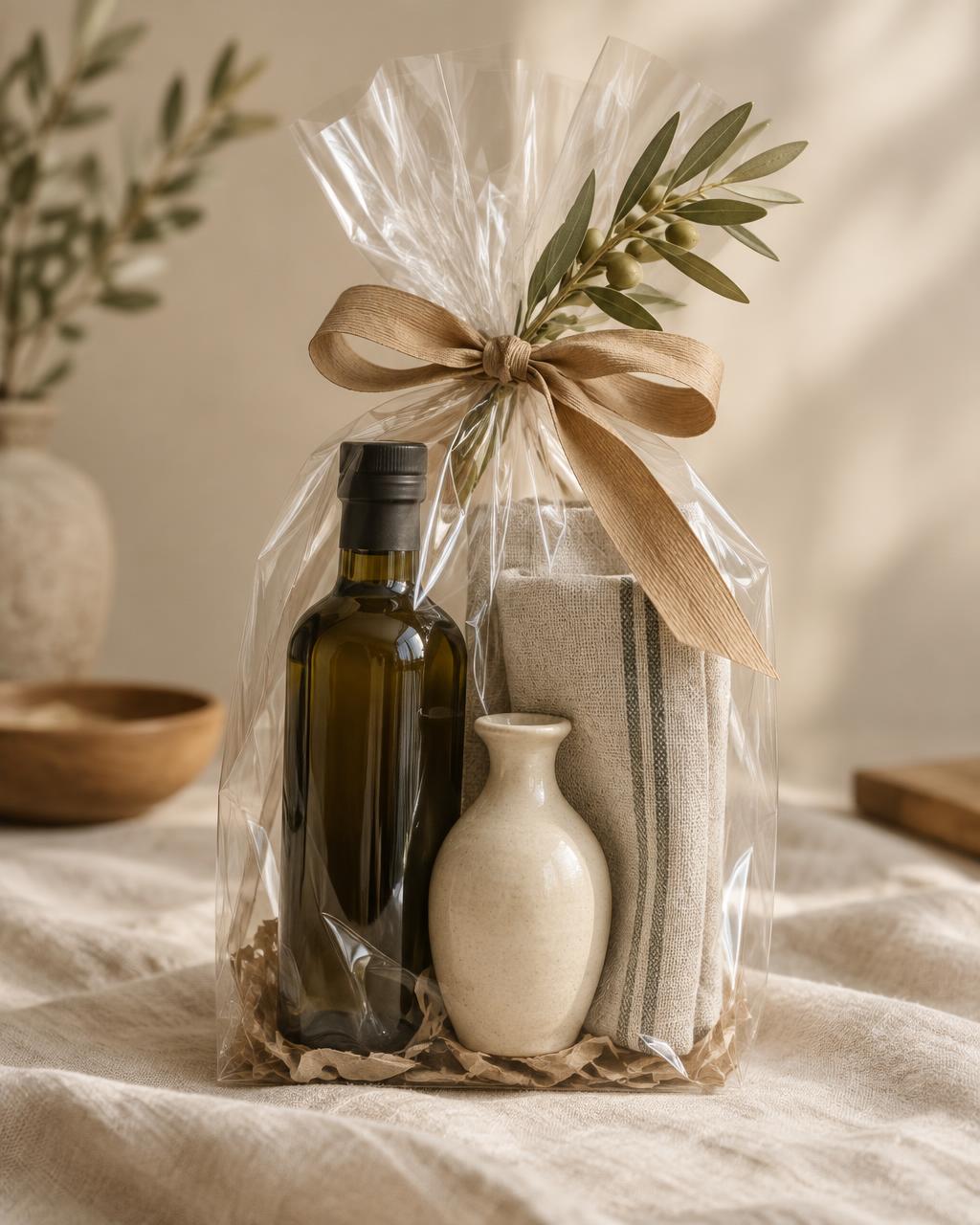 Cellofaninslaget presentpaket med olivoljeflaska, keramikkruka och linnhandduk, bundet med pappersband och en olivkvist
