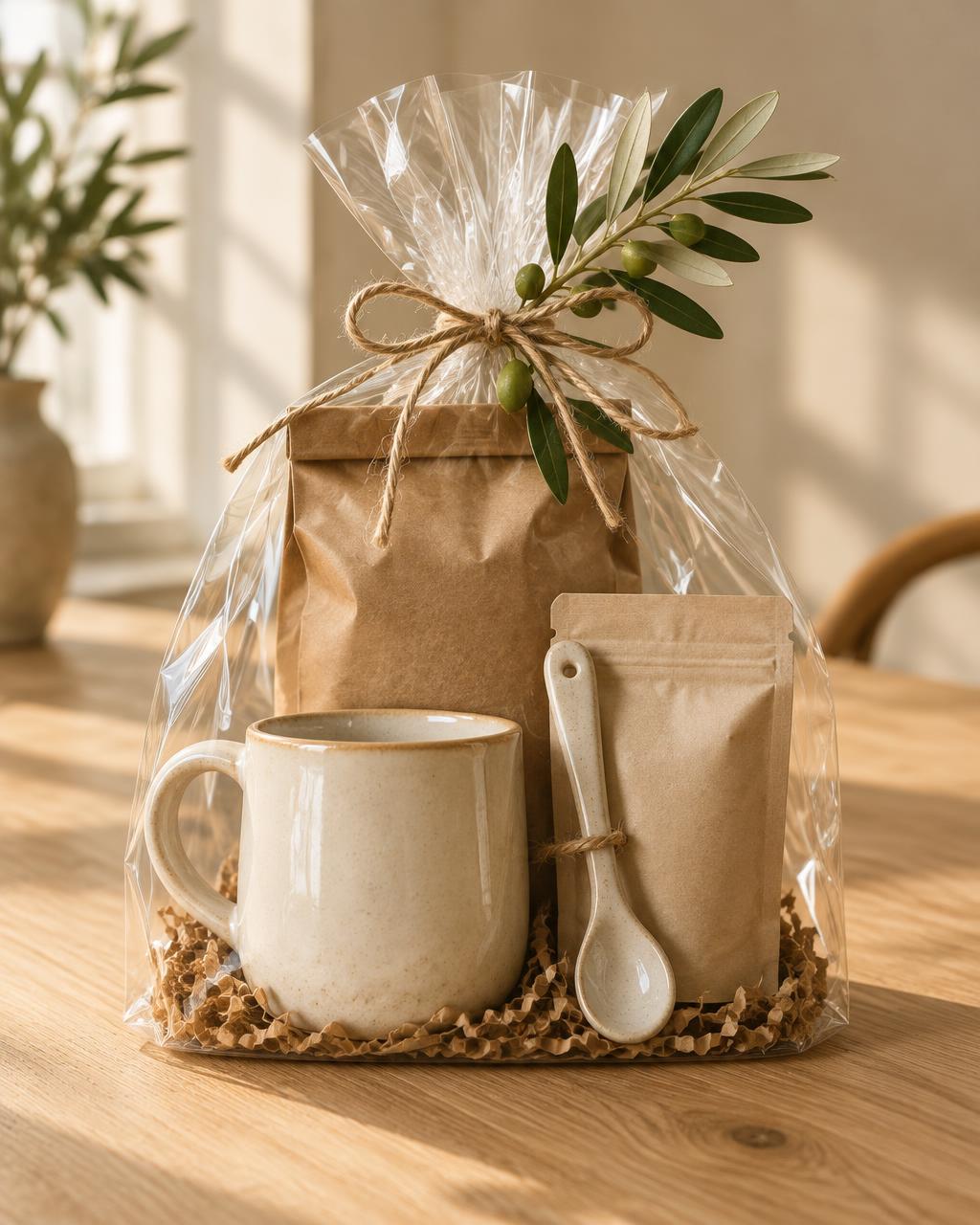 Cellofanpaket med keramisk kopp, påse kaffe, påse te och keramisk sked, bundet med snöre och en olivkvist